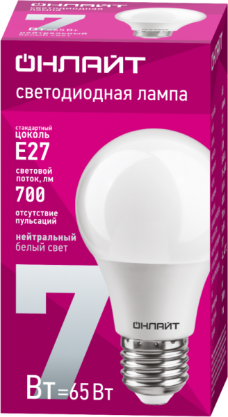 Лампа светодиодная 71 648 OLL-A60-7-230-4K-E27 7Вт грушевидная 4000К нейтр. бел. E27 610лм 220-240В ОНЛАЙТ 71648