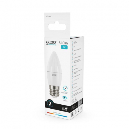 Лампа светодиодная Elementary 8Вт свеча 4100К нейтр. бел. E27 540лм GAUSS 33228 Лампа светодиодная Elementary 8Вт свеча 4100К нейтр. бел. E27 540лм GAUSS 33228