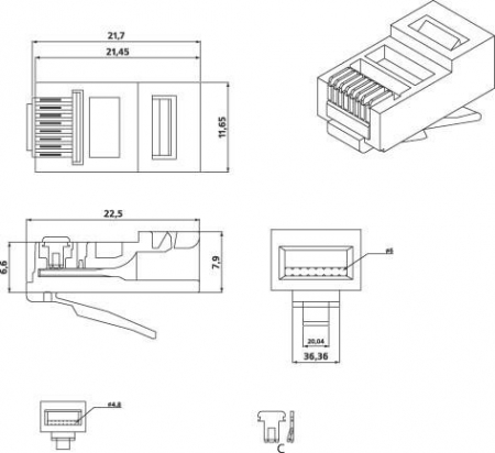 Разъем RJ45 8P8C кат.5E UTP PLUG-8P8C-U-C5-100 для ож и мж кабеля Hyperline 49377 Разъем RJ45 8P8C кат.5E UTP PLUG-8P8C-U-C5-100 для ож и мж кабеля Hyperline 49377