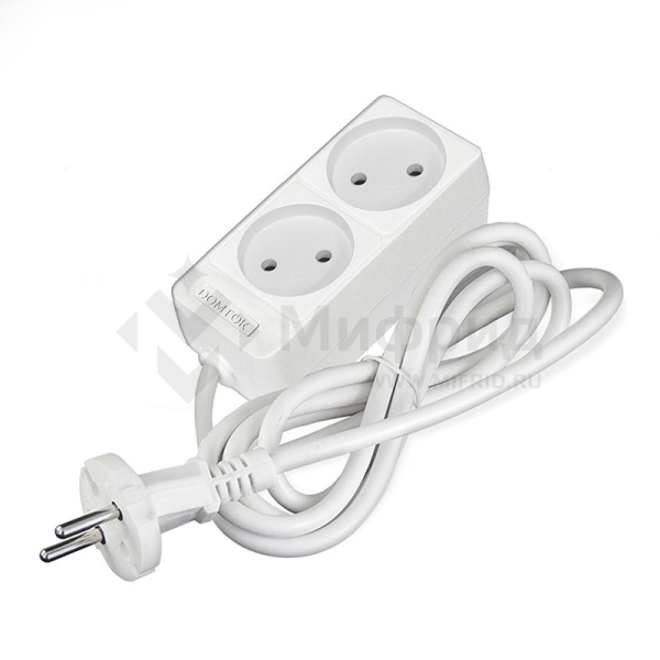 Удлинитель 2х1.5м без заземл. 10А IP20 2.2кВт ПВС 2х1 бел. DOMTOK 2344