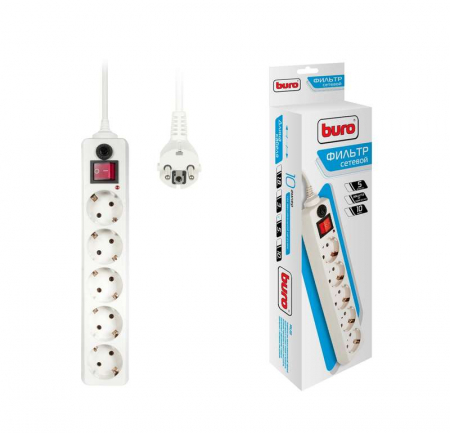 Удлинитель с сетевым фильтром 5х5м с заземл. 10А IP20 500SH-5-W 2.2кВт CCA бел. BURO 992295 Удлинитель с сетевым фильтром 5х5м с заземл. 10А IP20 500SH-5-W 2.2кВт CCA бел. BURO 992295