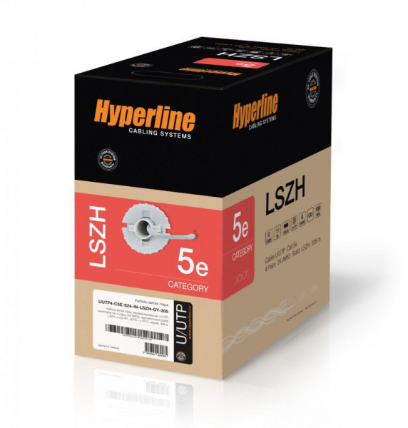 Кабель витая пара U/UTP кат.5E 4х2х24AWG solid LSZH нг(А)-HF UUTP4-C5E-S24-IN-LSZH-GY-305 сер. (м) Hyperline 42045