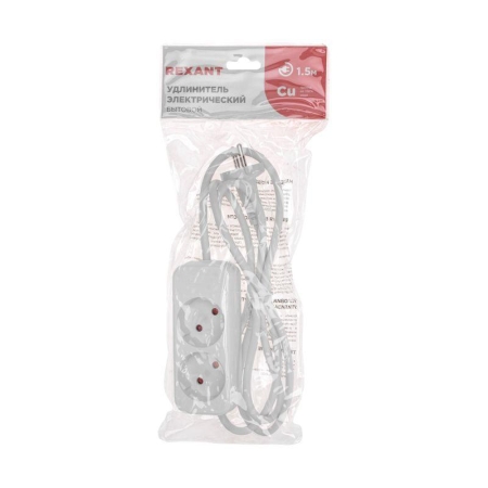 Удлинитель 2х1.5м без заземл. STANDARD 2х1кв.мм бел. Rexant 13-4000 Удлинитель 2х1.5м без заземл. STANDARD 2х1кв.мм бел. Rexant 13-4000