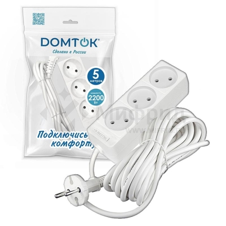 Удлинитель 3х5м без заземл. 10А IP20 2.2кВт ПВС 2х1 бел. DOMTOK 2352