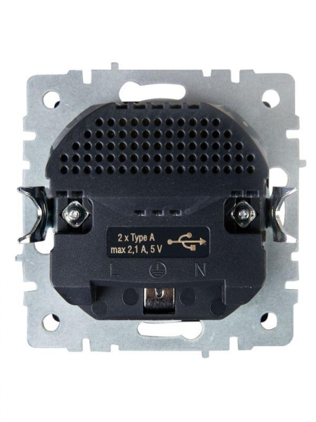 Розетка BRITE РЮш10-1-БрГ 16А с USB A+A 2.1А с заземл. защ. шторки механизм графит IEK BR-R14-16-U21-D21-K53