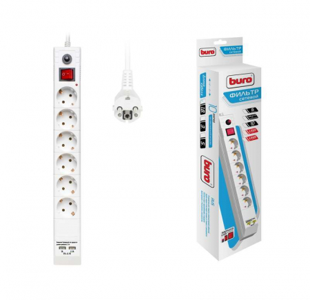 Удлинитель с сетевым фильтром 6х1.8м с заземл. 10А IP20 BU-SP1.8_USB_2A-W 2.2кВт CCA бел. BURO 992309 Удлинитель с сетевым фильтром 6х1.8м с заземл. 10А IP20 BU-SP1.8_USB_2A-W 2.2кВт CCA бел. BURO 992309