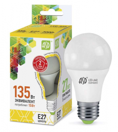 Лампа светодиодная LED-A60-standard 15Вт грушевидная 3000К тепл. бел. E27 1350лм 160-260В ASD 4690612002088 Лампа светодиодная LED-A60-standard 15Вт грушевидная 3000К тепл. бел. E27 1350лм 160-260В ASD 4690612002088