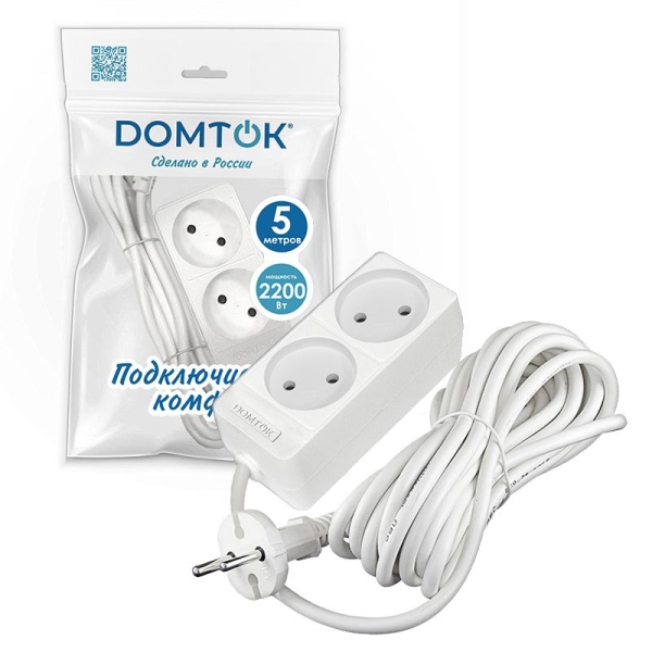 Удлинитель 2х5м без заземл. 10А IP20 2.2кВт ПВС 2х1 бел. DOMTOK 2347 Удлинитель 2х5м без заземл. 10А IP20 2.2кВт ПВС 2х1 бел. DOMTOK 2347