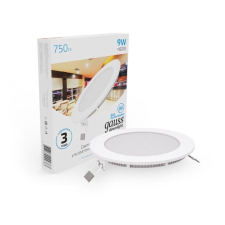 Светильник светодиодный Slim 9Вт 6500К IP20 750лм 220-240В ДВО круг бел. GAUSS 939111309 Светильник светодиодный Slim 9Вт 6500К IP20 750лм 220-240В ДВО круг бел. GAUSS 939111309
