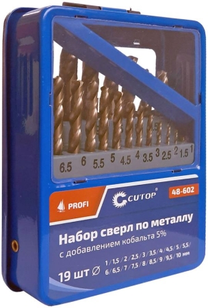 Набор сверл по металлу Profi 1-10мм (через 0.5мм) с кобальтом 5проц. в метал. коробке (19шт) Cutop 48-602 Набор сверл по металлу Profi 1-10мм (через 0.5мм) с кобальтом 5проц. в метал. коробке (19шт) Cutop 48-602