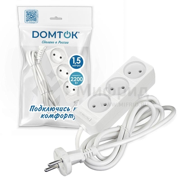 Удлинитель 3х1.5м без заземл. 10А IP20 2.2кВт ПВС 2х0.75 бел. DOMTOK 2370