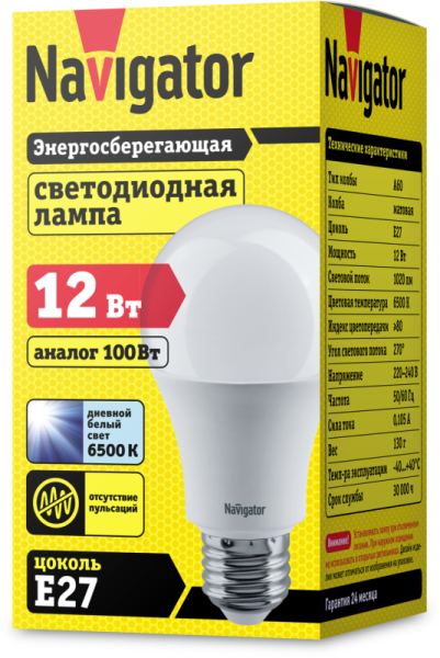 Лампа светодиодная 61 238 NLL-A60-12-230-6.5K-E27 12Вт грушевидная матовая 6500К холод. бел. E27 1020лм 176-264В Navigator 61238 Лампа светодиодная 61 238 NLL-A60-12-230-6.5K-E27 12Вт грушевидная матовая 6500К холод. бел. E27 1020лм 176-264В Navigator 61238