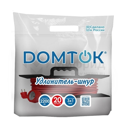 Удлинитель-шнур на рамке 1х20м с заземл. 10А IP20 2.2кВт ПВС 3х1 DOMTOK 2479