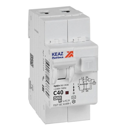 Выключатель автоматический дифференциального тока 2п OptiDin D63-23C40-AC-У3 C40 100мА 4.5кА с защитой от сверхтоков КЭАЗ 328109
