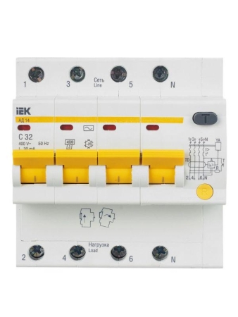 Выключатель автоматический дифференциального тока 4п C 32А 30мА тип AC 4.5кА АД-14 KARAT IEK MAD10-4-032-C-030