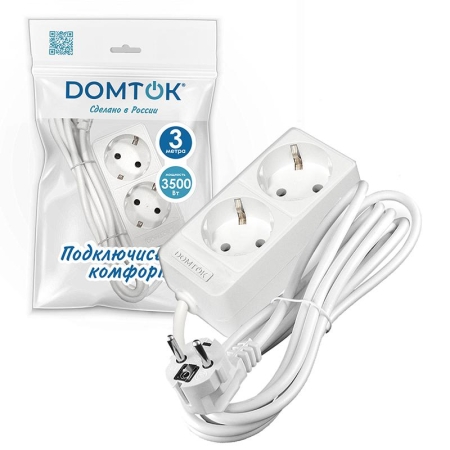 Удлинитель 2х3м с заземл. 16А IP20 3.5кВт ПВС 3х1 бел. DOMTOK 2386 Удлинитель 2х3м с заземл. 16А IP20 3.5кВт ПВС 3х1 бел. DOMTOK 2386