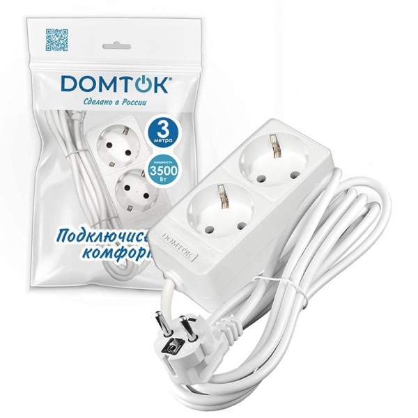Удлинитель 2х3м с заземл. 16А IP20 3.5кВт ПВС 3х1 бел. DOMTOK 2386 Удлинитель 2х3м с заземл. 16А IP20 3.5кВт ПВС 3х1 бел. DOMTOK 2386