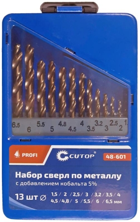 Набор сверл по металлу Profi 1.5-6.5мм (через 0.5мм + 32мм; 48мм) с кобальтом 5проц. в метал. коробке (13шт) Cutop 48-601 Набор сверл по металлу Profi 1.5-6.5мм (через 0.5мм + 32мм; 48мм) с кобальтом 5проц. в метал. коробке (13шт) Cutop 48-601