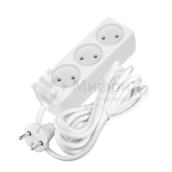 Удлинитель 3х3м без заземл. 10А IP20 2.2кВт ПВС 2х1 бел. DOMTOK 2351