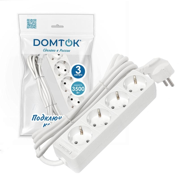 Удлинитель 4х3м с заземл. 16А IP20 3.5кВт ПВС 3х1 бел. DOMTOK 2396 Удлинитель 4х3м с заземл. 16А IP20 3.5кВт ПВС 3х1 бел. DOMTOK 2396