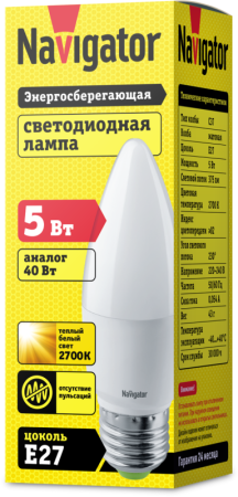 Лампа светодиодная 94 481 NLL-P-C37-5-230-2.7K-E27-FR 5Вт свеча 2700К тепл. бел. E27 330лм 176-264В Navigator 94481 Лампа светодиодная 94 481 NLL-P-C37-5-230-2.7K-E27-FR 5Вт свеча 2700К тепл. бел. E27 330лм 176-264В Navigator 94481
