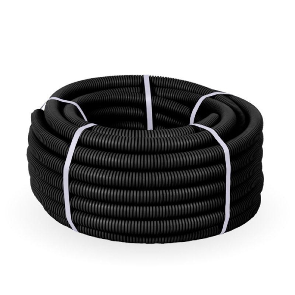 Труба гофрированная ПНД тяжелая d25мм с протяжкой 750 Н безгалоген. (HF) стойкая к УФ черн. (уп.50м) Промрукав PR.022541