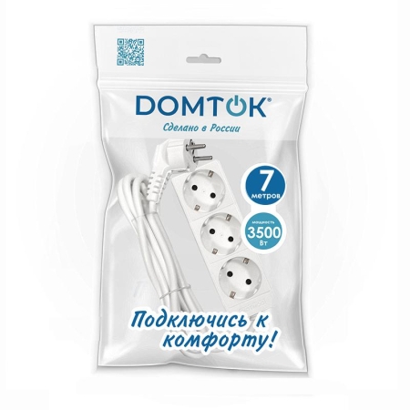 Удлинитель 3х7м с заземл. 16А IP20 3.5кВт ПВС 3х1 бел. DOMTOK 2393 Удлинитель 3х7м с заземл. 16А IP20 3.5кВт ПВС 3х1 бел. DOMTOK 2393