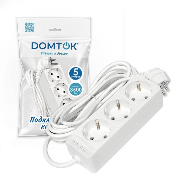 Удлинитель 3х5м с заземл. 16А IP20 3.5кВт ПВС 3х1 бел. DOMTOK 2392 Удлинитель 3х5м с заземл. 16А IP20 3.5кВт ПВС 3х1 бел. DOMTOK 2392
