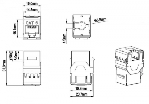 Вставка Keystone Jack RJ-45(8P8C) кат. 6 180град. KJ8-8P8C-C6-180-WH бел. Hyperline 426189