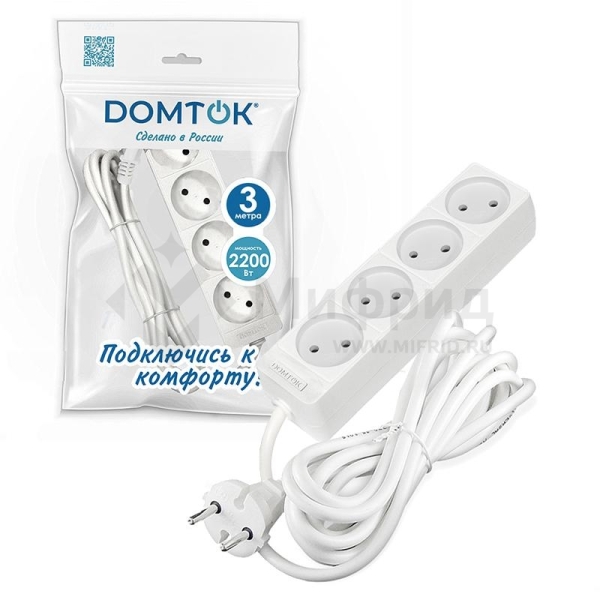 Удлинитель 4х3м без заземл. 10А IP20 2.2кВт ПВС 2х1 бел. DOMTOK 2356