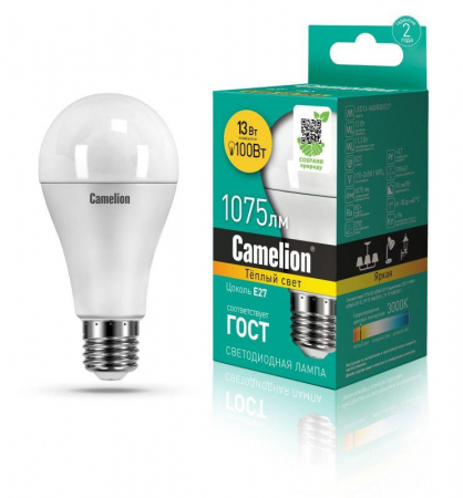 Лампа светодиодная LED13-A60/830/E27 13Вт грушевидная матовая 3000К тепл. бел. E27 1075лм 170-265В Camelion 12045 Лампа светодиодная LED13-A60/830/E27 13Вт грушевидная матовая 3000К тепл. бел. E27 1075лм 170-265В Camelion 12045