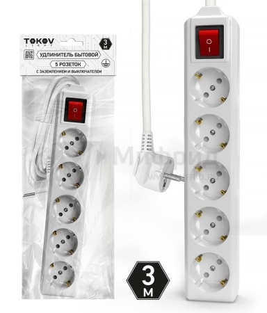 Удлинитель 5х3м с заземл. с выкл. 10А 3х1.5 TOKOV ELECTRIC TKL-C01-BU5-3-1.5-ZV