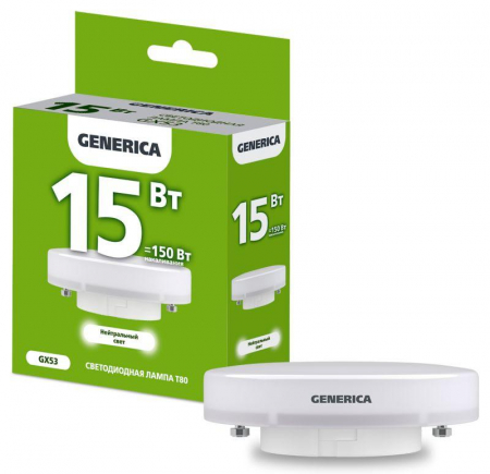 Лампа светодиодная T80 15Вт таблетка 4000К GX53 230В GENERICA LL-T80-15-230-40-GX53-G Лампа светодиодная T80 15Вт таблетка 4000К GX53 230В GENERICA LL-T80-15-230-40-GX53-G