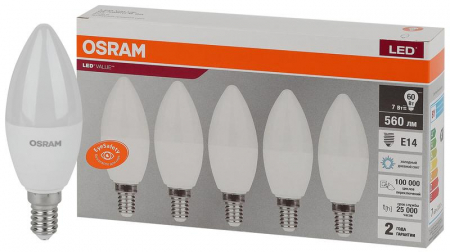 Лампа светодиодная LED Value LVCLB60 7SW/865 7Вт свеча матовая E14 230В 2х5 RU (уп.5шт) OSRAM 4058075577985 Лампа светодиодная LED Value LVCLB60 7SW/865 7Вт свеча матовая E14 230В 2х5 RU (уп.5шт) OSRAM 4058075577985