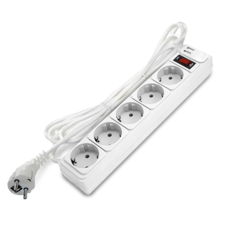 Удлинитель с сетевым фильтром 5х5м с заземл 10А 2.2кВт IP20 2хUSB ПВС 3х1 с выкл. бел. DOMTOK 2566 Удлинитель с сетевым фильтром 5х5м с заземл 10А 2.2кВт IP20 2хUSB ПВС 3х1 с выкл. бел. DOMTOK 2566