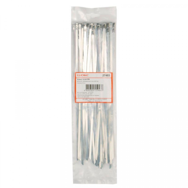 Хомут кабельный 4.6х150 нерж. сталь AISI 304 серебр. (уп.50шт) DKC 27403 Хомут кабельный 4.6х150 нерж. сталь AISI 304 серебр. (уп.50шт) DKC 27403