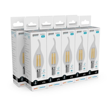 Лампа светодиодная филаментная Filament Elementary 8Вт свеча на ветру 4100К Е14 540лм GAUSS 42128