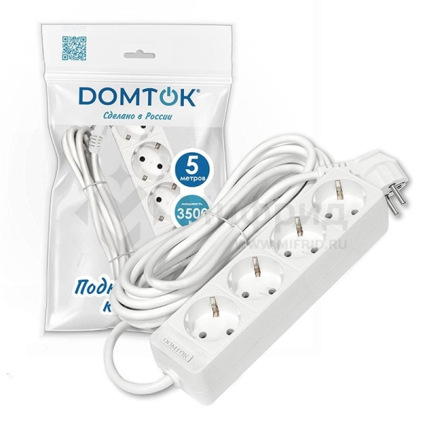 Удлинитель 4х5м с заземл. 16А IP20 3.5кВт ПВС 3х1 бел. DOMTOK 2397