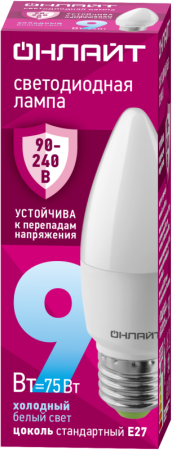 Лампа светодиодная 90 414 OLL-C37-9-230-6.5K-E27-FR (PRO 90-240В) ОНЛАЙТ 90414 Лампа светодиодная 90 414 OLL-C37-9-230-6.5K-E27-FR (PRO 90-240В) ОНЛАЙТ 90414