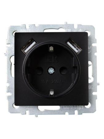 Розетка BRITE РЮш10-1-БрЧ 16А с USB A+A 2.1А с заземл. защ. шторки механизм черн. IEK BR-R14-16-U21-D21-K02