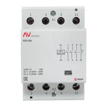 Контактор модульный КМ 40А 3NO+1NC 230В AC (3 мод.) AVERES EKF km-av-3-40-31-230V Контактор модульный КМ 40А 3NO+1NC 230В AC (3 мод.) AVERES EKF km-av-3-40-31-230V