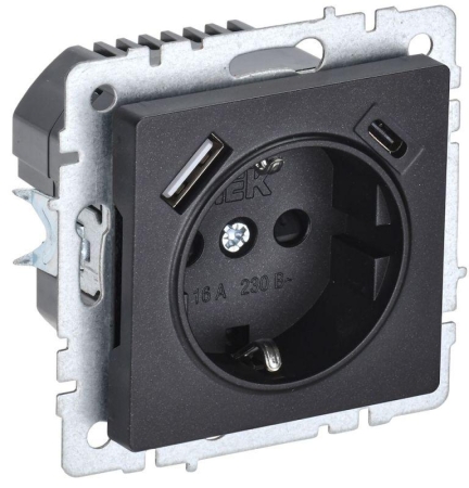 Розетка BRITE РЮш11-1-БрЧ 16А с USB A+C 18Вт с заземл. защ. шторки механизм черн. IEK BR-R14-16-U22-018-K02 Розетка BRITE РЮш11-1-БрЧ 16А с USB A+C 18Вт с заземл. защ. шторки механизм черн. IEK BR-R14-16-U22-018-K02