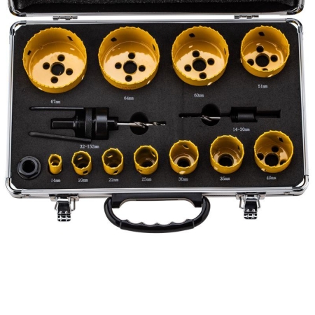 Набор коронок Bimetal (14 20 22 25 30 35 40 51 60 64 67) 16 предметов метал. кейс Kranz KR-92-0203-1 Набор коронок Bimetal (14 20 22 25 30 35 40 51 60 64 67) 16 предметов метал. кейс Kranz KR-92-0203-1