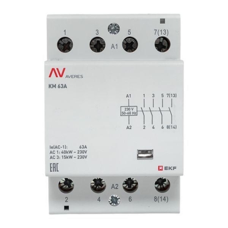 Контактор модульный КМ 63А 4NO 230В AC (3 мод.) AVERES EKF km-av-3-63-40-230V Контактор модульный КМ 63А 4NO 230В AC (3 мод.) AVERES EKF km-av-3-63-40-230V