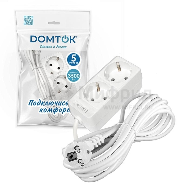 Удлинитель 2х5м с заземл. 16А IP20 3.5кВт ПВС 3х1 бел. DOMTOK 2387