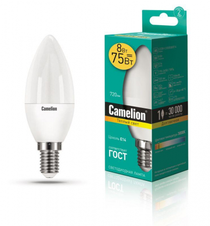 Лампа светодиодная LED8-C35/830/E14 8Вт свеча 3000К тепл. бел. E14 720лм 170-265В Camelion 12385 Лампа светодиодная LED8-C35/830/E14 8Вт свеча 3000К тепл. бел. E14 720лм 170-265В Camelion 12385