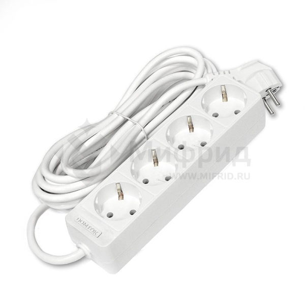 Удлинитель 4х5м с заземл. 16А IP20 3.5кВт ПВС 3х1 бел. DOMTOK 2397