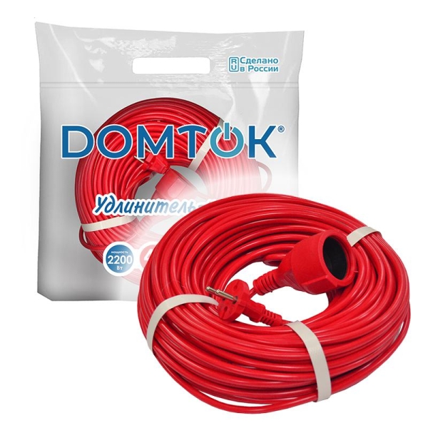 Удлинитель-шнур 1х40м без заземл. 10А IP20 2.2кВт ПВС 2х1 DOMTOK 2491 Удлинитель-шнур 1х40м без заземл. 10А IP20 2.2кВт ПВС 2х1 DOMTOK 2491