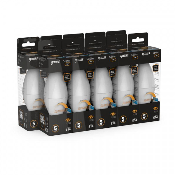Лампа светодиодная Black 7Вт свеча 3000К тепл. бел. E14 560лм диммир. GAUSS 103101107-D Лампа светодиодная Black 7Вт свеча 3000К тепл. бел. E14 560лм диммир. GAUSS 103101107-D