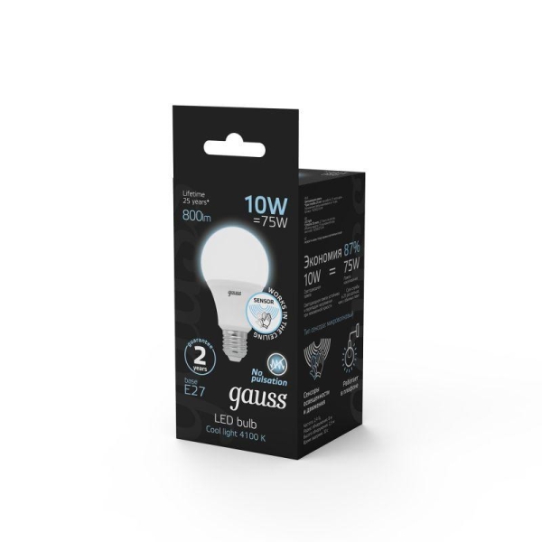 Лампа светодиодная Black 10Вт A60 грушевидная 4100К нейтр. бел. E27 800лм с датчиком движения GAUSS 102502210-M